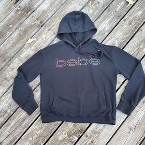 Bebe Sport Womens Size Large Black Neon Lights Big Logo Pullover Hoodie